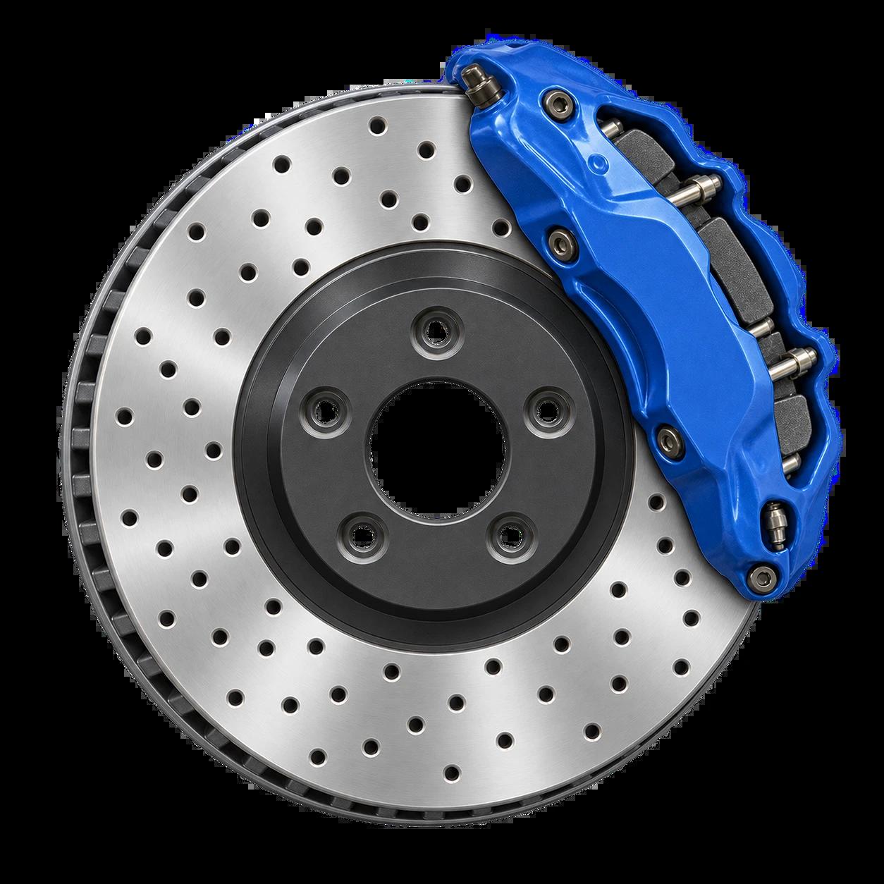 Silver drilled brake disc with brake pads and a blue caliper