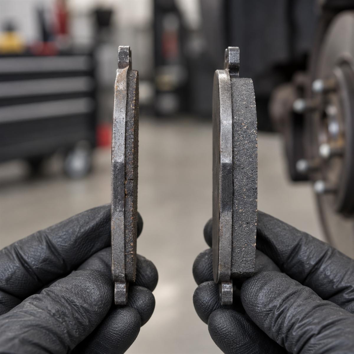 A worn brake pad held beside a new one, showing the difference in thickness