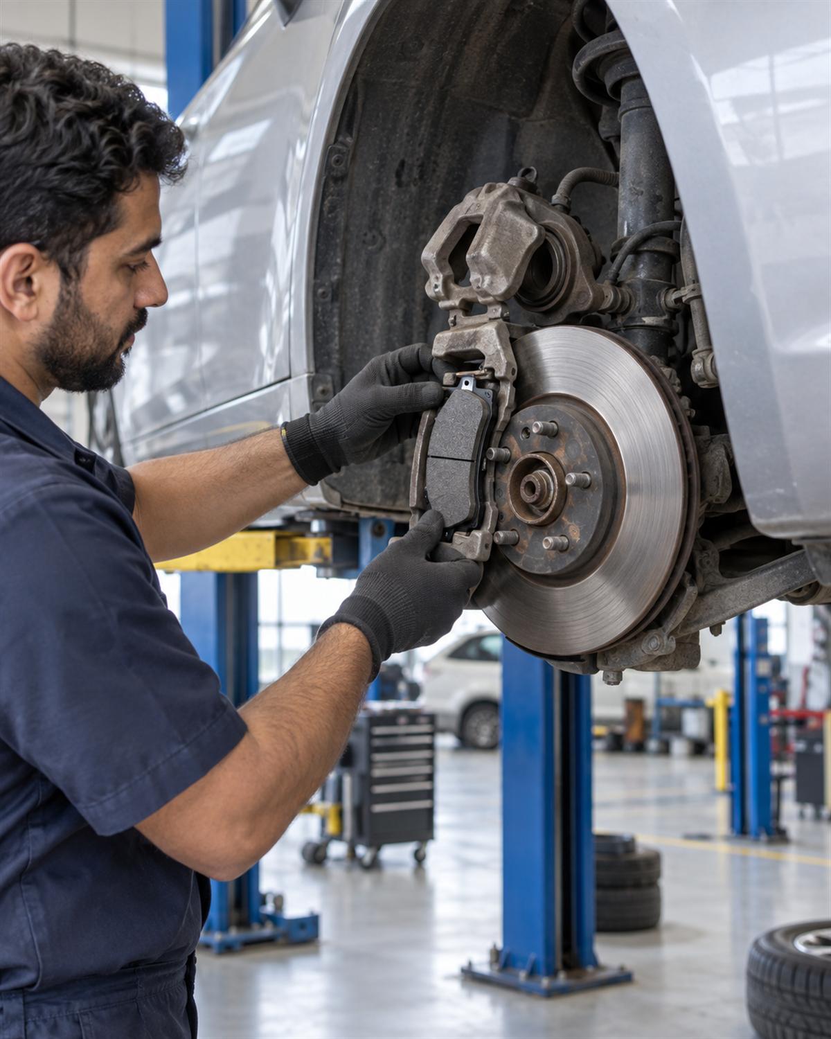 Technician fitting a new brake pad into the caliper of a car on a lift
