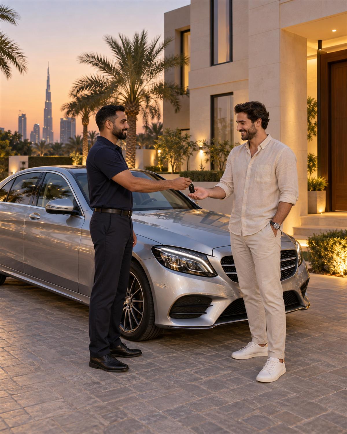 Car being handed back to its owner outside a Dubai home