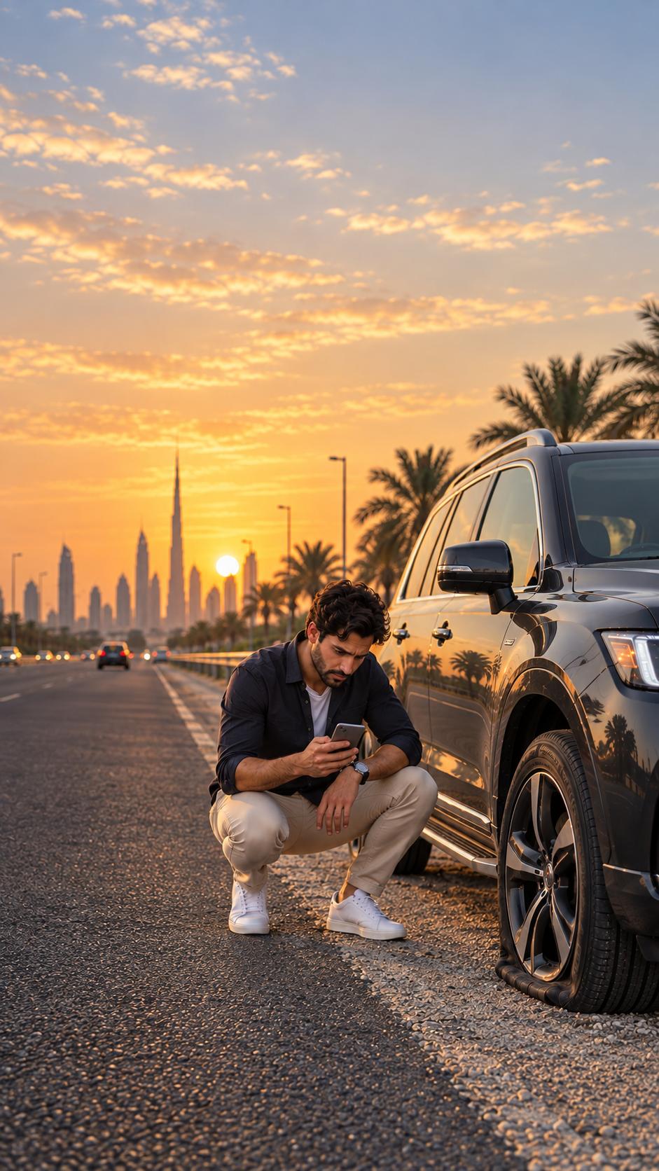 A driver checks his phone beside his flat tyre on a Dubai roadside