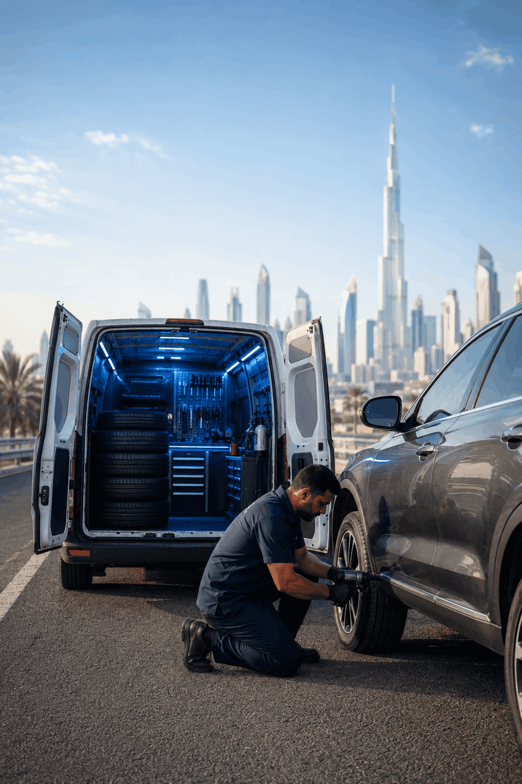 Mobile tyre puncture repair van and technician in Dubai