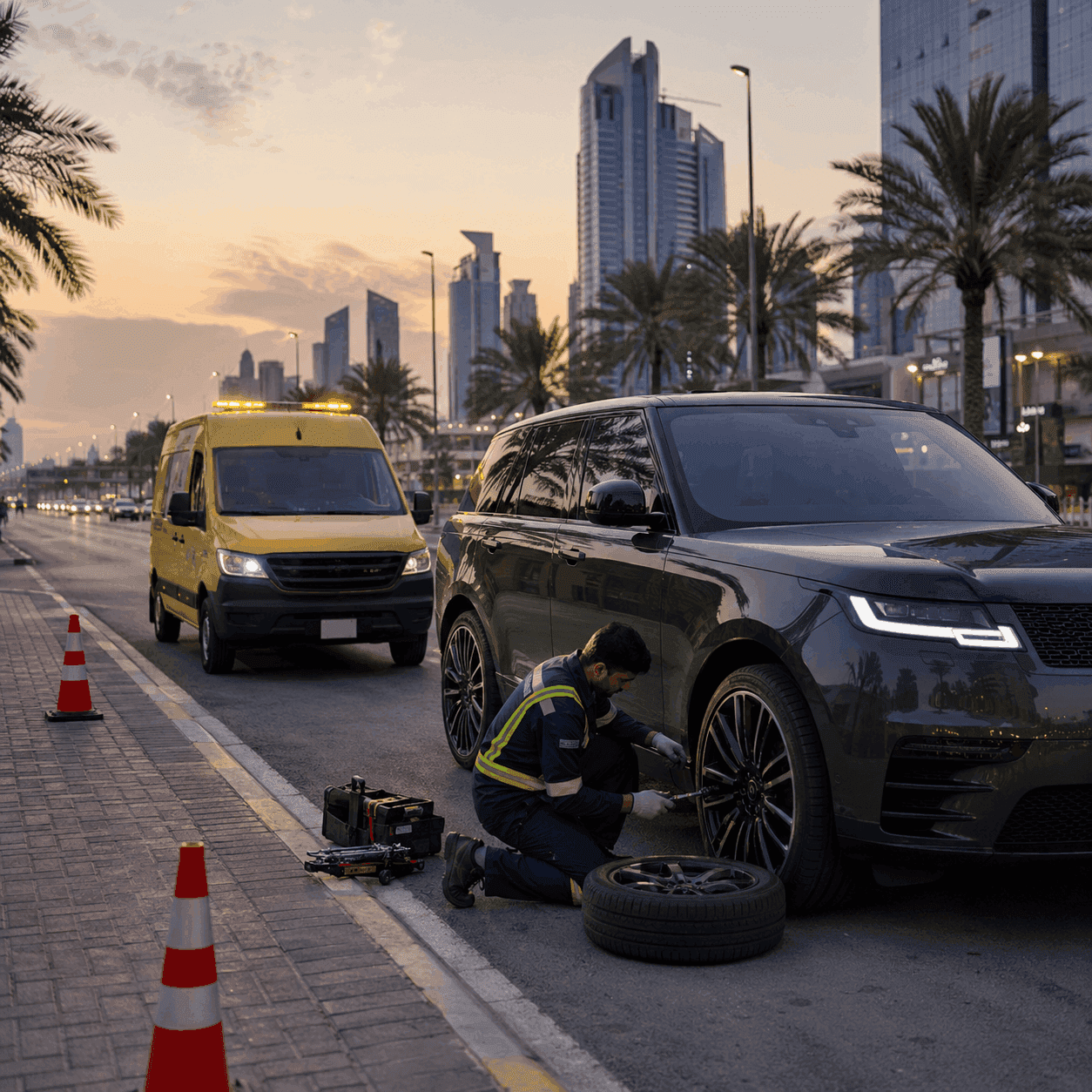 Mobile tyre service repairing a car tyre on a Dubai street
