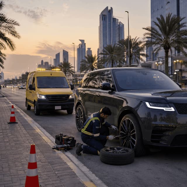 Mobile tyre service repairing a car tyre on a Dubai street