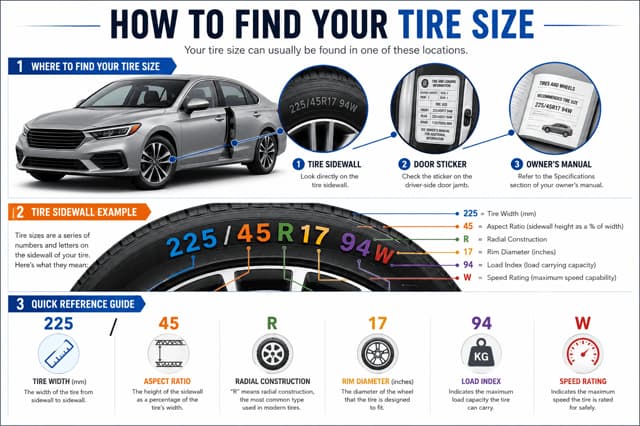 Guide showing where to find tyre size and how to read 225/45 R17 94W