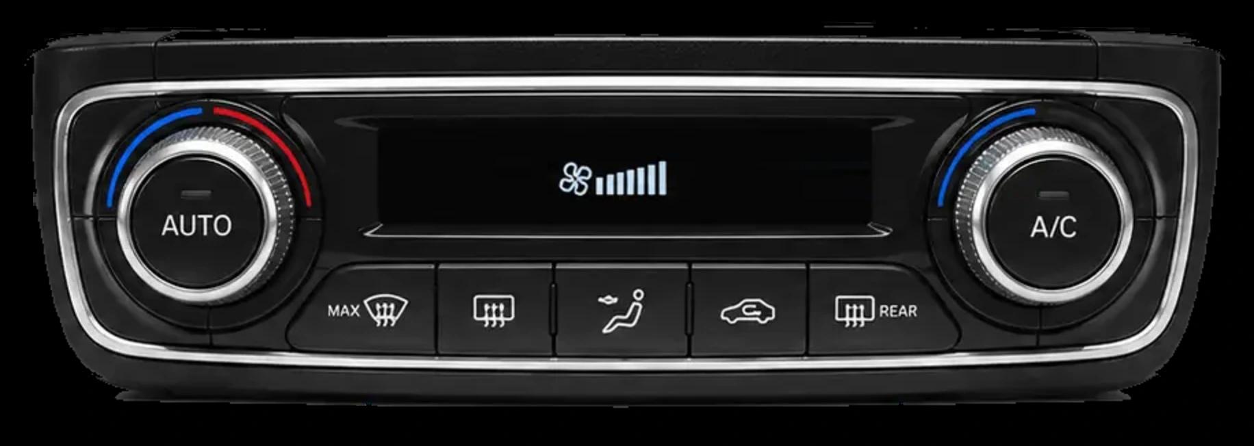 Car AC control panel with its A/C button and fan speed display