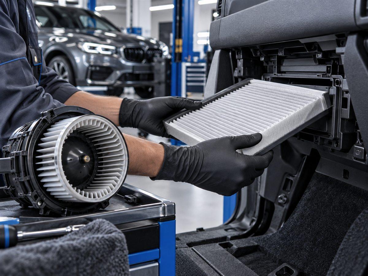 Technician replacing a cabin air filter beside a car blower fan