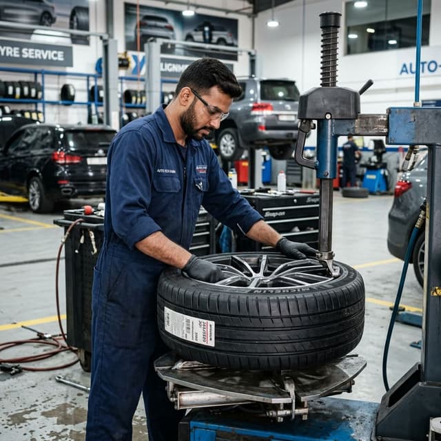 Technician installing a new car tyre for tyre fitting service in Dubai
