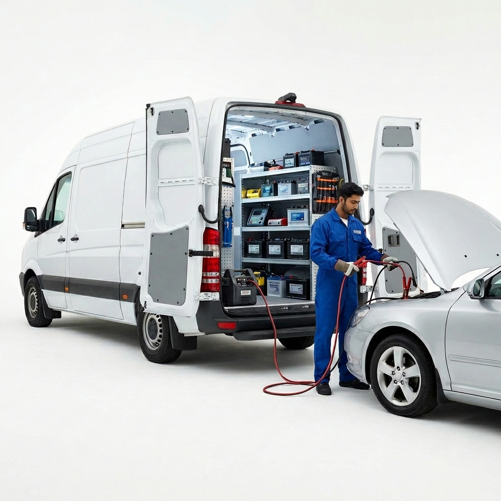 Mobile car battery service technician at customer location in Dubai