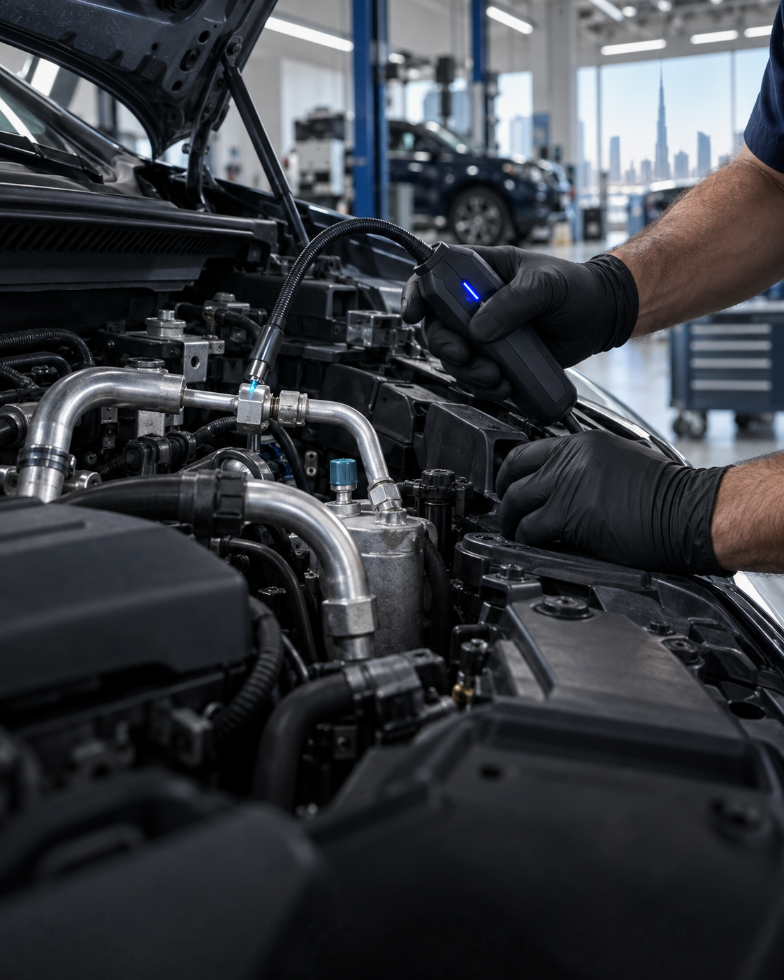 Technician using an electronic detector to check a vehicle AC line for leaks
