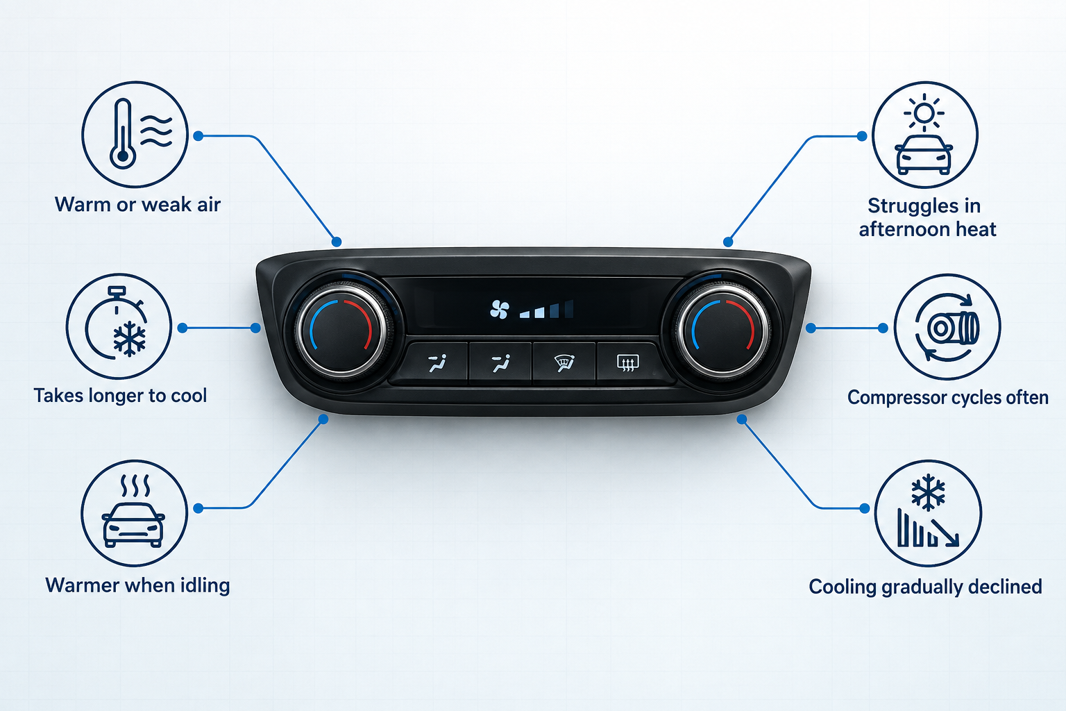 Car AC control with callouts for warm air, slow cooling, warmer air while idling, weak afternoon cooling, frequent compressor cycling and gradually declining cooling