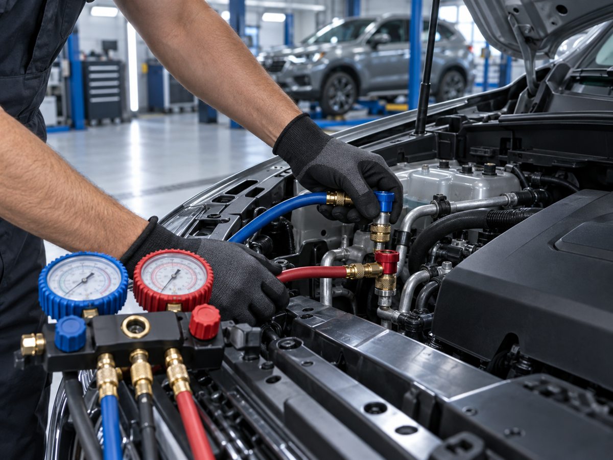Technician connecting AC gas refill gauges beneath a car bonnet