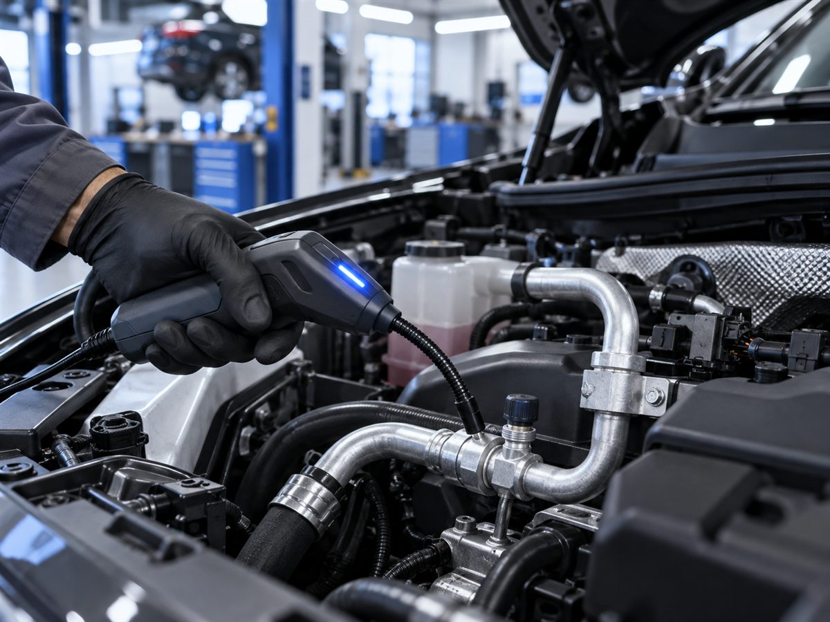 Technician checking car AC pipes with an electronic leak detector