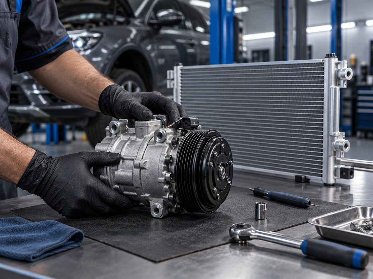 Car AC compressor and condenser being inspected on a workshop bench