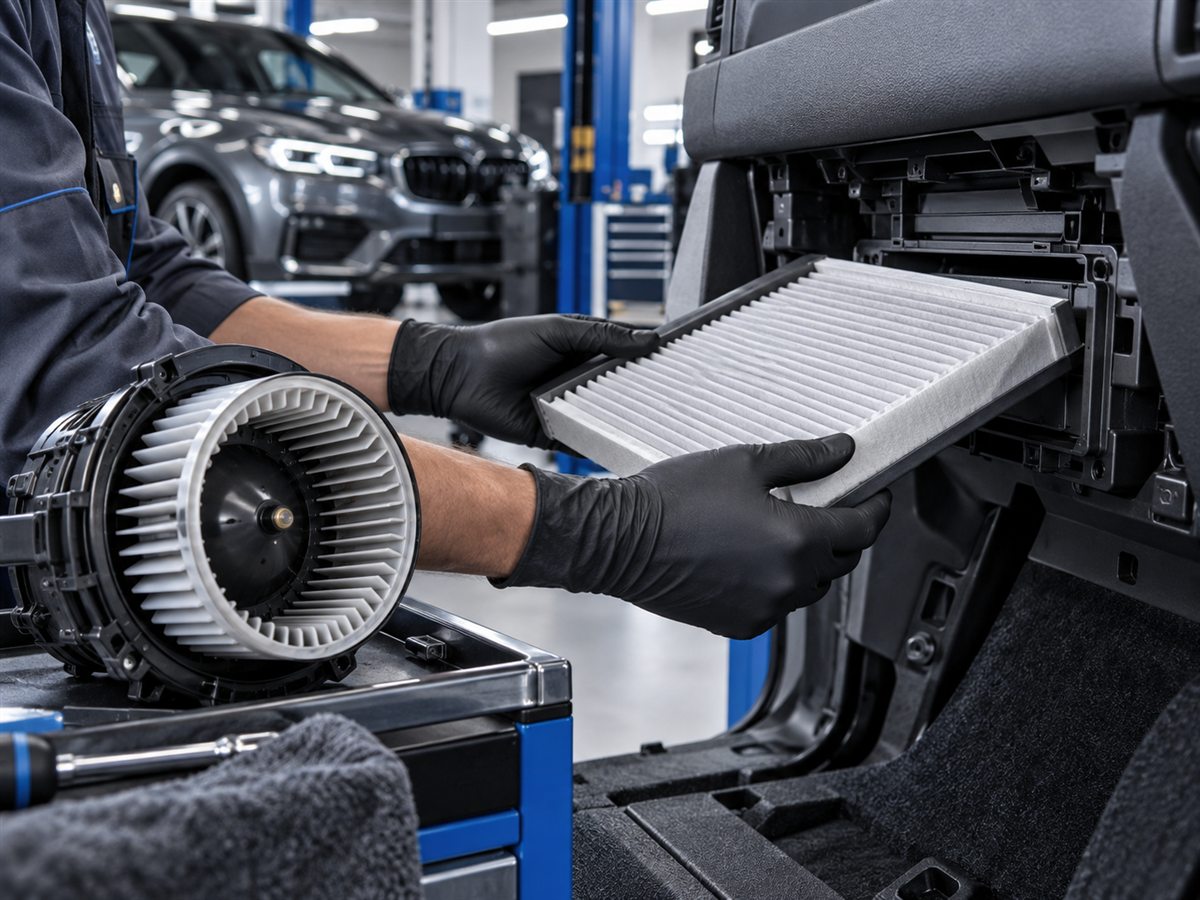 Technician replacing a cabin air filter beside a car blower fan