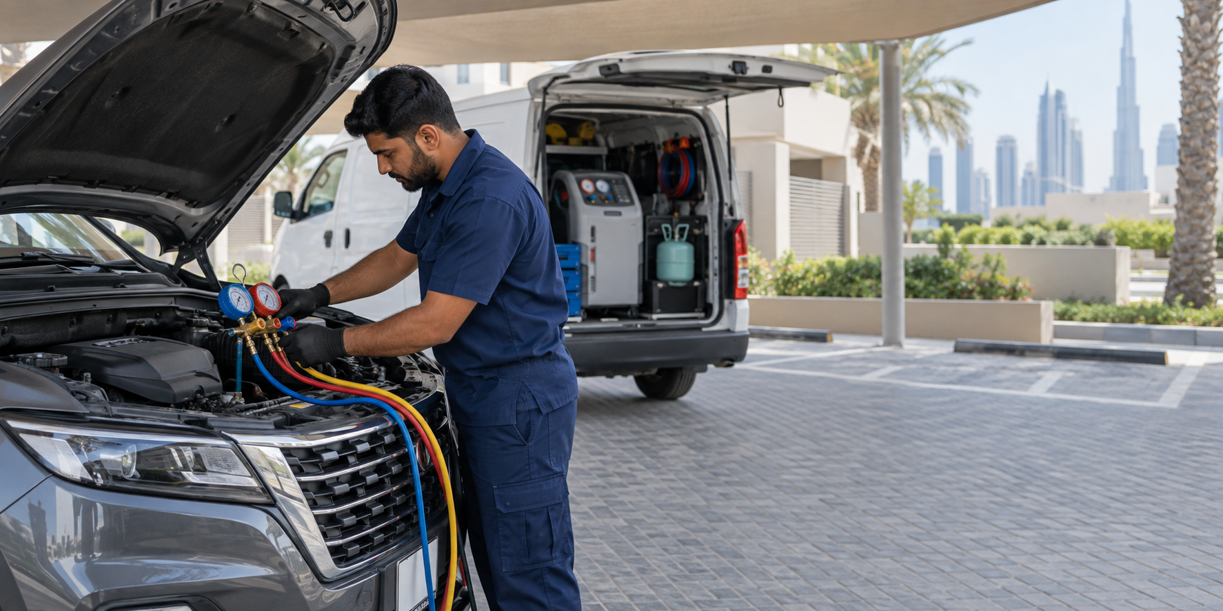 Mobile technician recharging a car AC system at a Dubai residence
