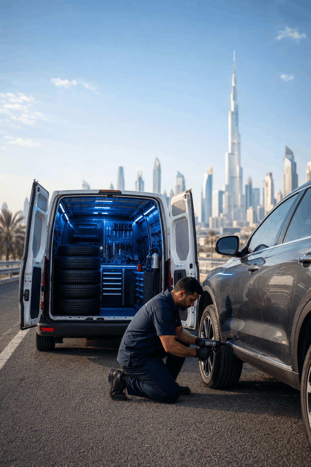 Mobile tyre puncture repair van and technician in Dubai