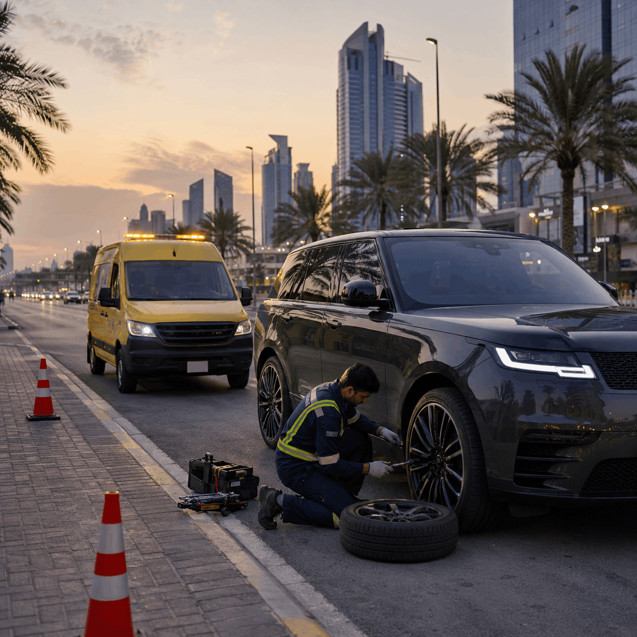 Mobile tyre service repairing a car tyre on a Dubai street