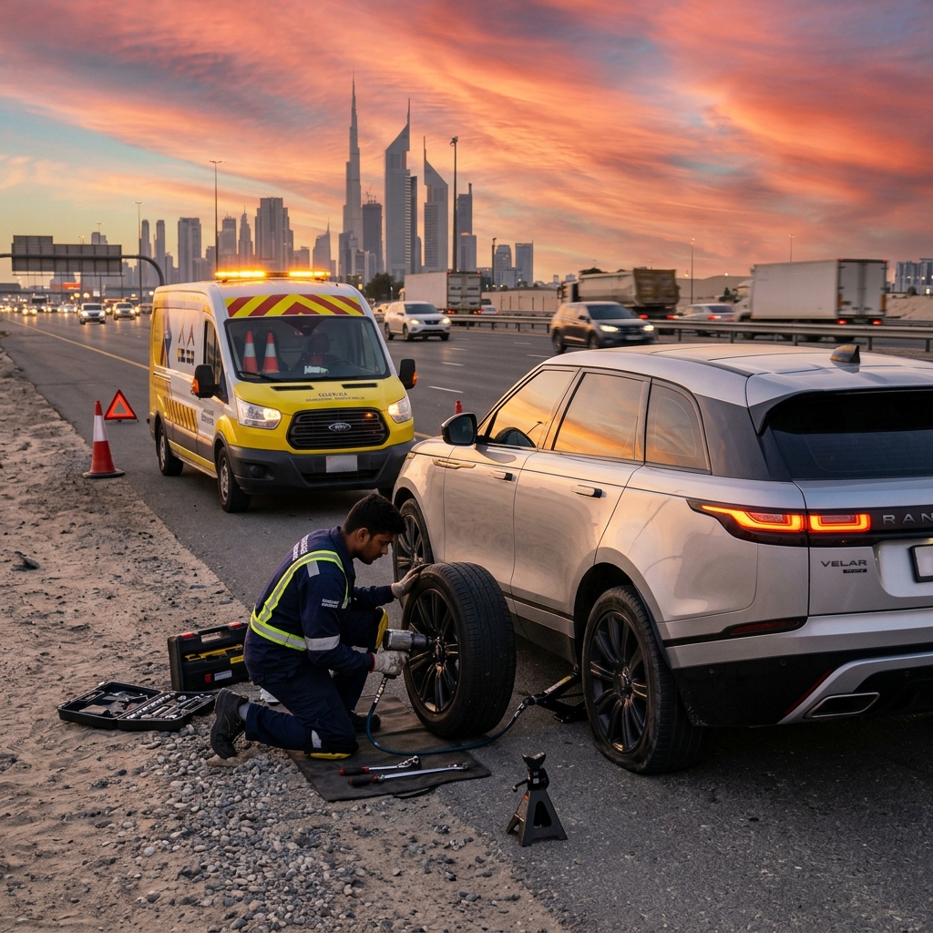 Roadside tyre assistance service for a flat tyre in Dubai